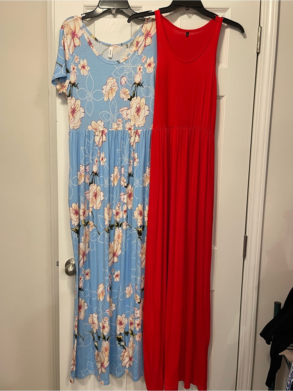 Blue Floral Maxi Dress & Red Sleeveless Maxi Dress